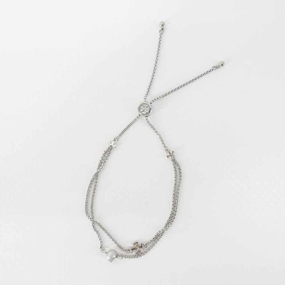 Tory Burch Logo Pearl Slider Adjustable Bracelet Silver OS - Picture 10 of 12